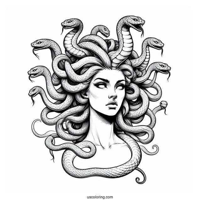 Realistic Medusa Coloring Page With Large Snakes On Head