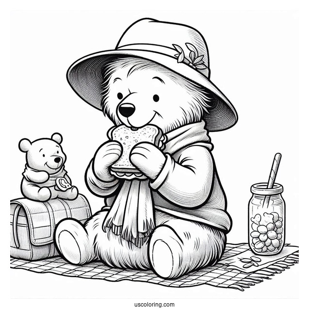 Paddington Coloring Page Eating A Sandwich With Winnie The Pooh