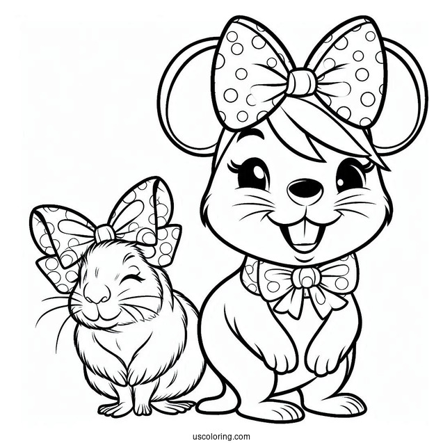 Minnie Mouse With A Capybara Coloring Page Wearing Matching Bows