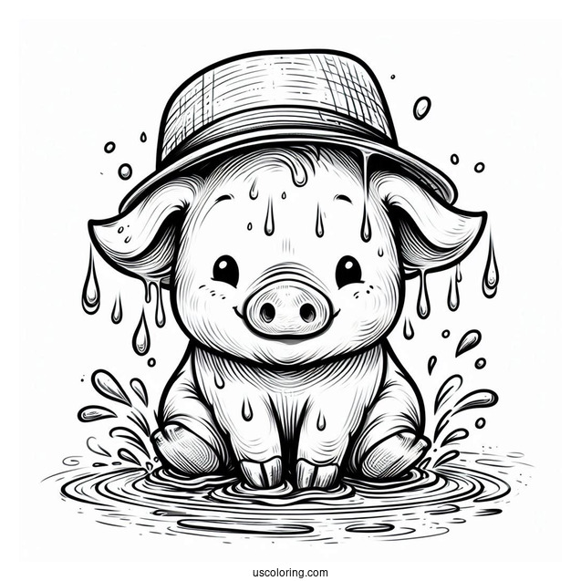 Piglet Coloring Page In A Hat Dripping Wet With Rain