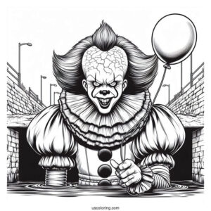 Terrifying Pennywise Coloring Page Holding A Balloon In Front Of A Sewer