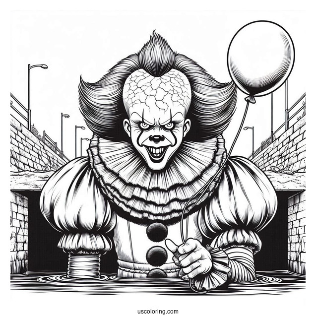 Terrifying Pennywise Coloring Page Holding A Balloon In Front Of A Sewer