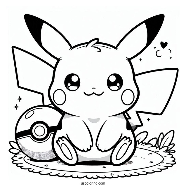 Kawaii Pikachu Sitting On Pokeball Coloring Sheet