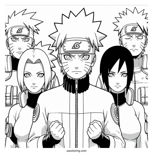 Naruto Coloring Page of Team Seven With Kakashi, Iruka, And Third Hokage