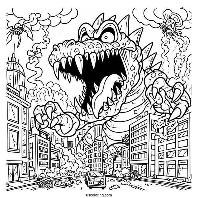 Rugrats Coloring Page Of Scary Reptar Destroying City