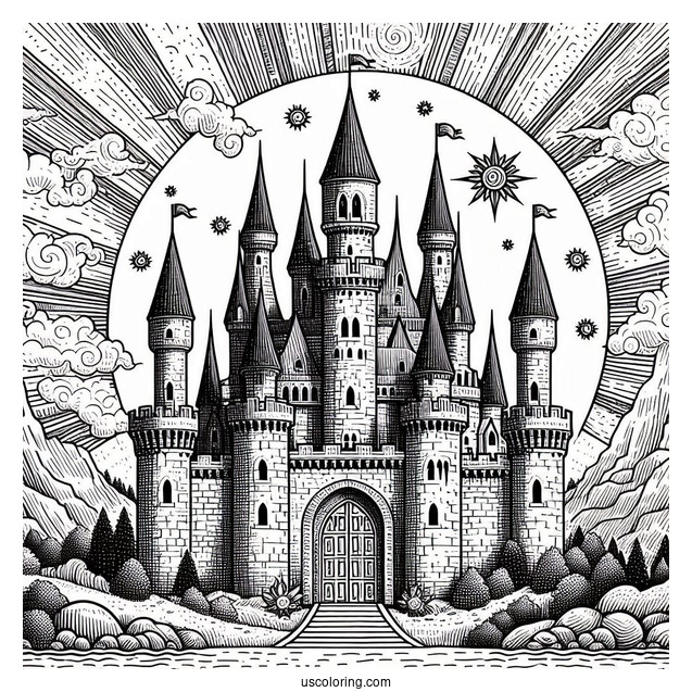 Massive Detailed Castle Coloring Page With The Sun In Background