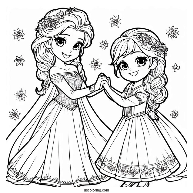 Elsa And Sister Holding Hands Coloring Sheet