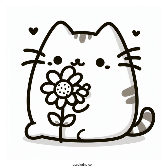 Pusheen Cat Nibbling On a Flower To Color
