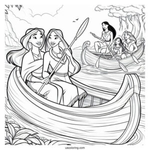 Coloring Sheet Of Mulan And Pocahontas On Canoe