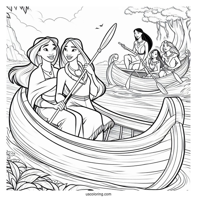 Coloring Sheet Of Mulan And Pocahontas On Canoe