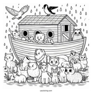 Simple Cartoon Noah's Ark Coloring Page Filled With Animals