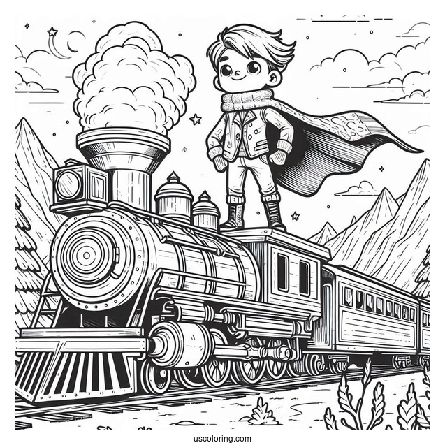 Hero Boy Standing On Top Of ThePolar Express Coloring Page Of Train