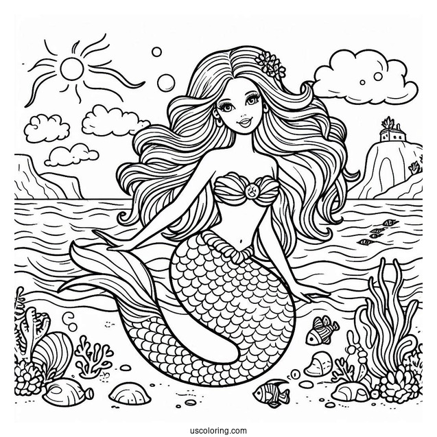 Mermaid Barbie In Ocean Coloring Sheet