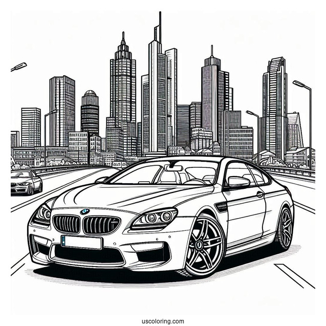 M6 BMW Coloring Page In Front Of Buildings