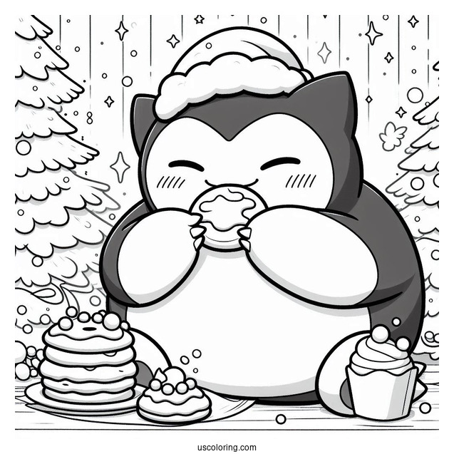 Pokemon Christmas Coloring Page Happy Snorlax Eating Christmas Cookies