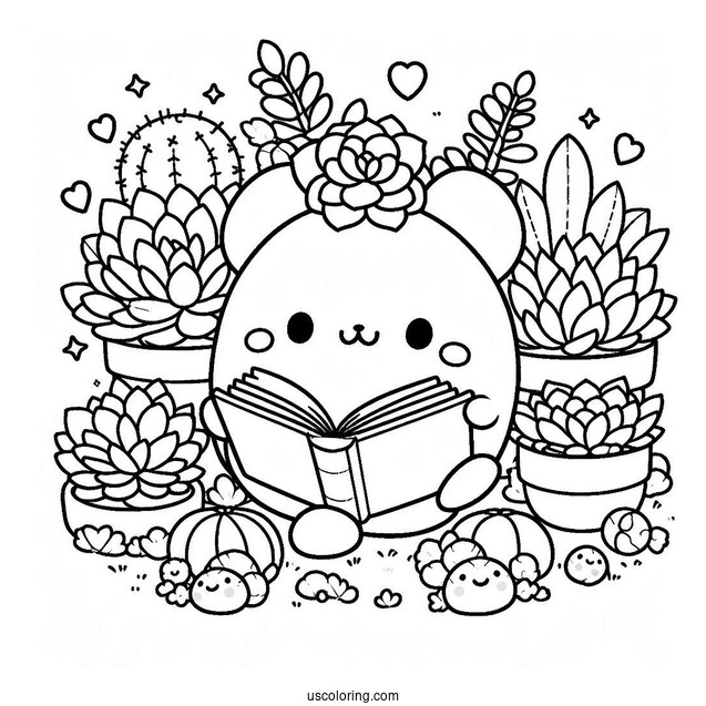Pompompurin Reading While Surrounded By Succulent Coloring Page