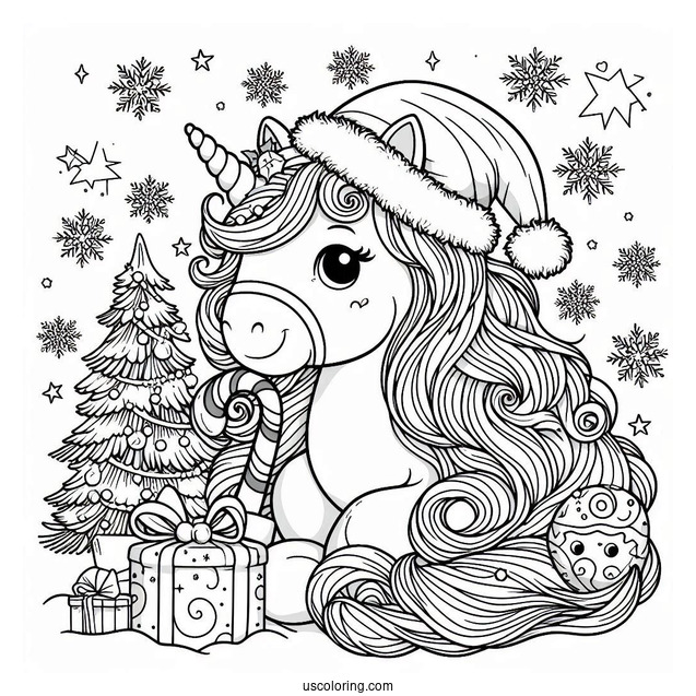 Unicorn With Santa Snow Flakes And Candy Cane