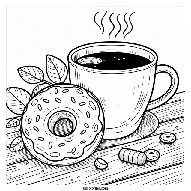 A Mug Of Coffee Sitting With A Donut Coloring Page On A Bench