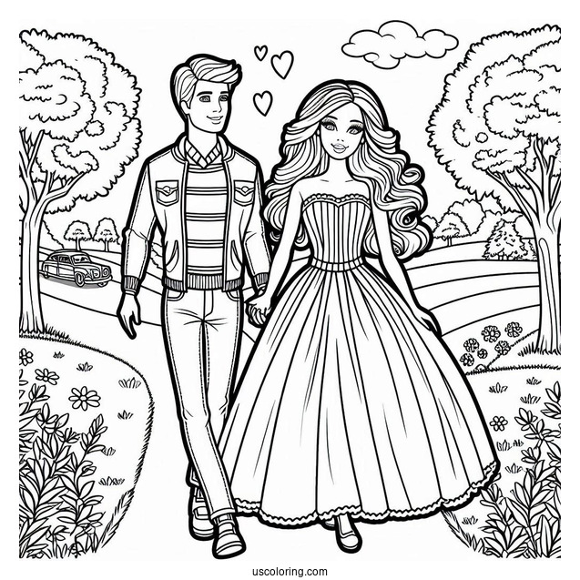 Barbie And Ken Walking In Park To Color