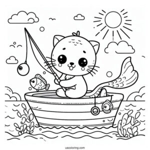 Cute Animals Fishing Coloring Page On A Boat At Sea For Kids
