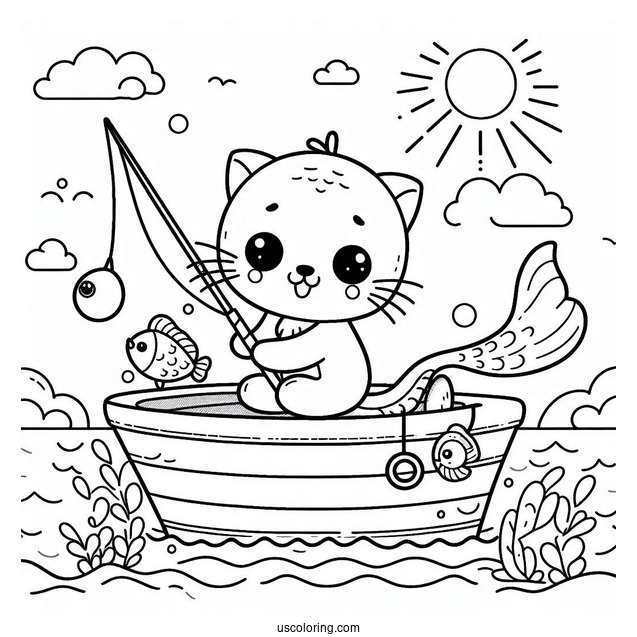 Cute Animals Fishing Coloring Page On A Boat At Sea For Kids