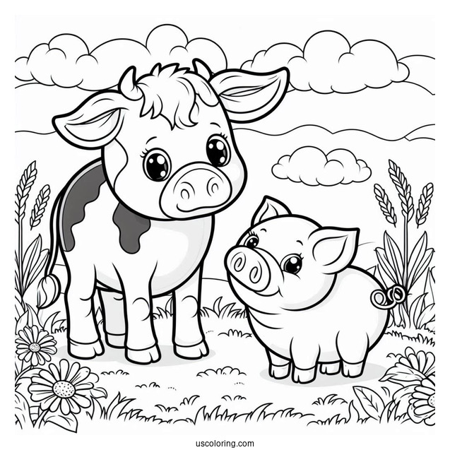 Cow And Pig On a Farm To Color
