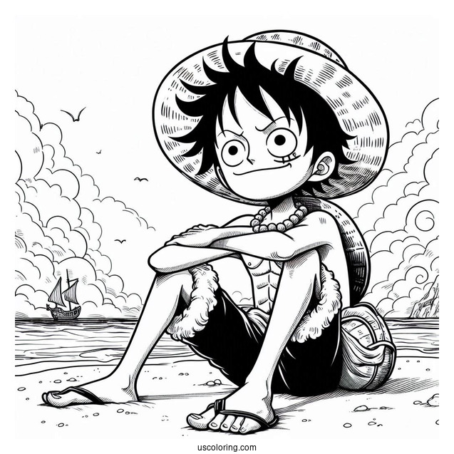 One Piece Coloring Page Of Monkey D. Luffy On Beach