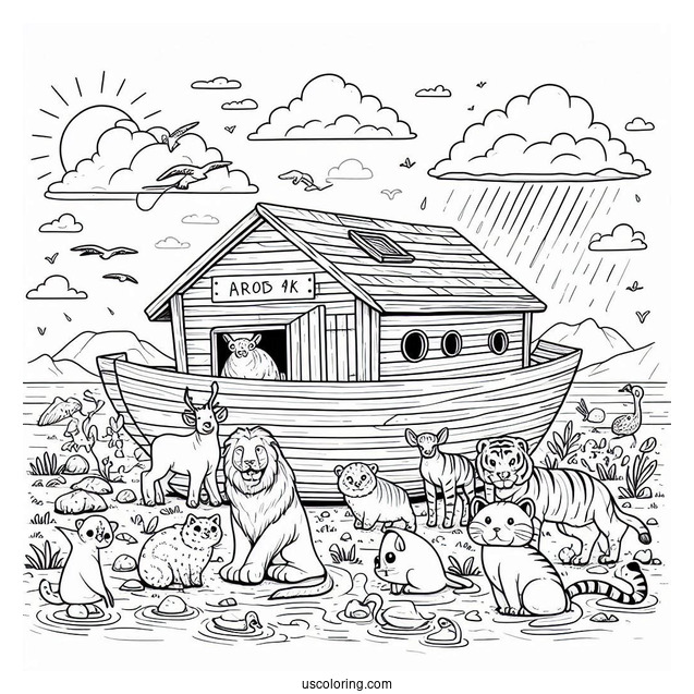 Noah's Ark Coloring Page Welcoming Animals In The Ark
