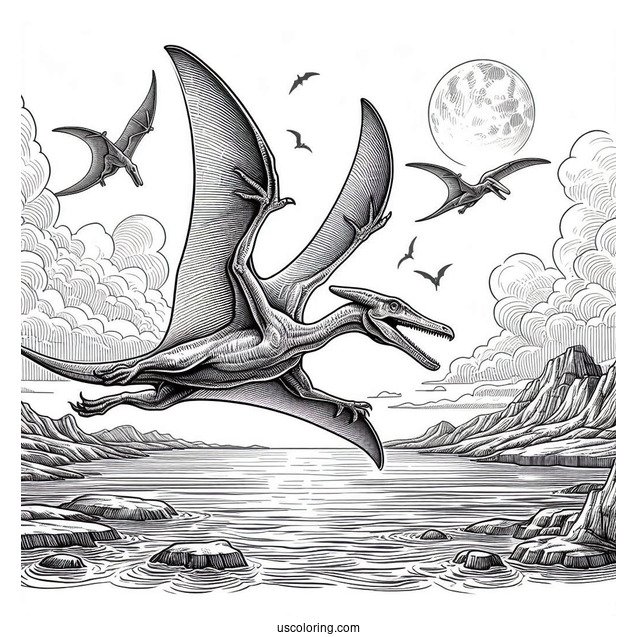 Realistic Pterodactyl Coloring Page Flying Over The Sea