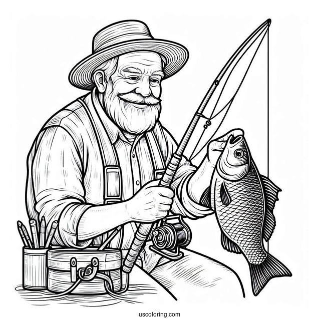 Old Man Holding Large Fish And Fishing Coloring Page Rod For Kids