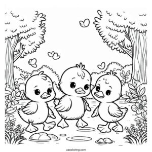 Three Little Ducklings In The Forest Coloring Sheet For Kids