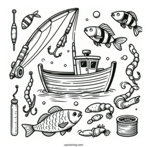 Fishing Coloring Page Rods, Bobber, Hook, Fishes, Worm, And Boat