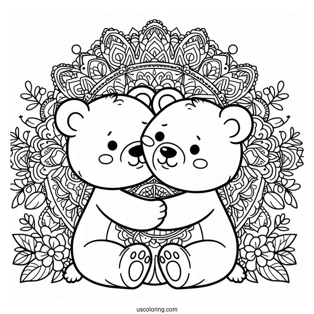 Two Cartoon Bear Coloring Page Hugging In Front Of Mandala
