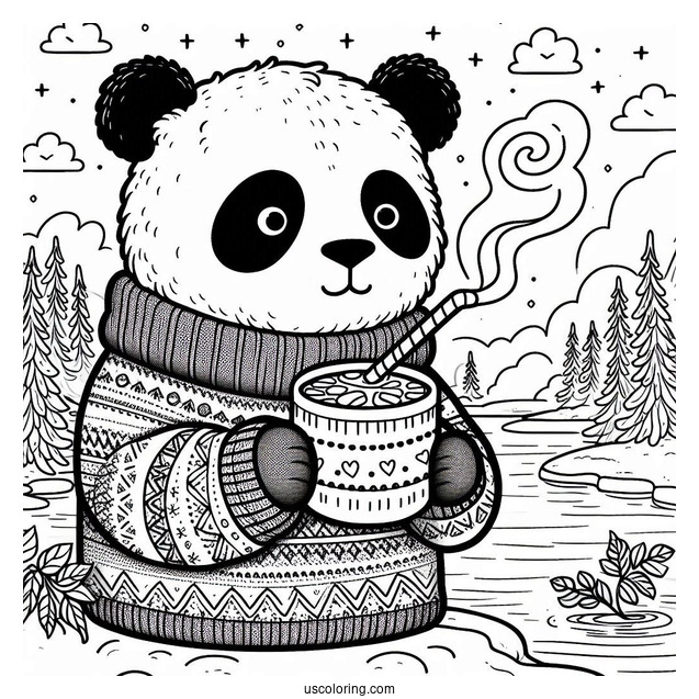 Cozy Panda Coloring Page in Sweater Drinking Hot Cocoa by the River