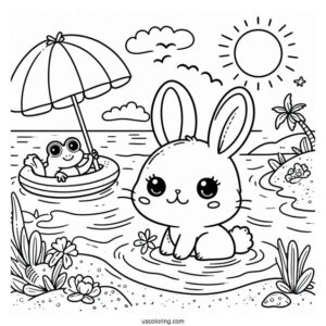 Adorable Rabbit And Frog Swimming At The Beach Coloring Sheet