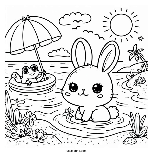Adorable Rabbit And Frog Swimming At The Beach Coloring Sheet