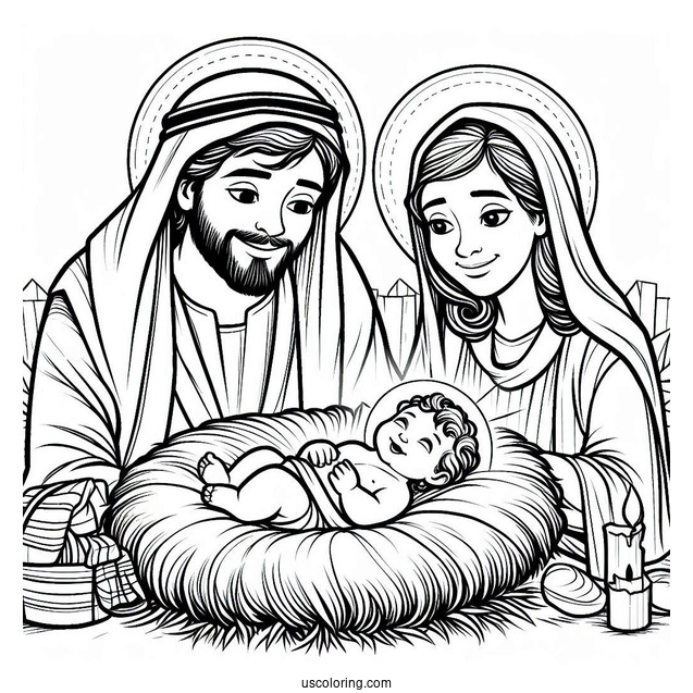 Nativity Coloring Page Of Smiling Joseph And Mary With Baby Jesus