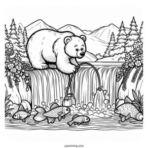 Simple Bear Coloring Page Catching Fish In Waterfalls