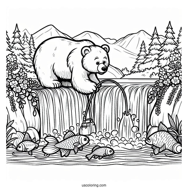 Simple Bear Coloring Page Catching Fish In Waterfalls