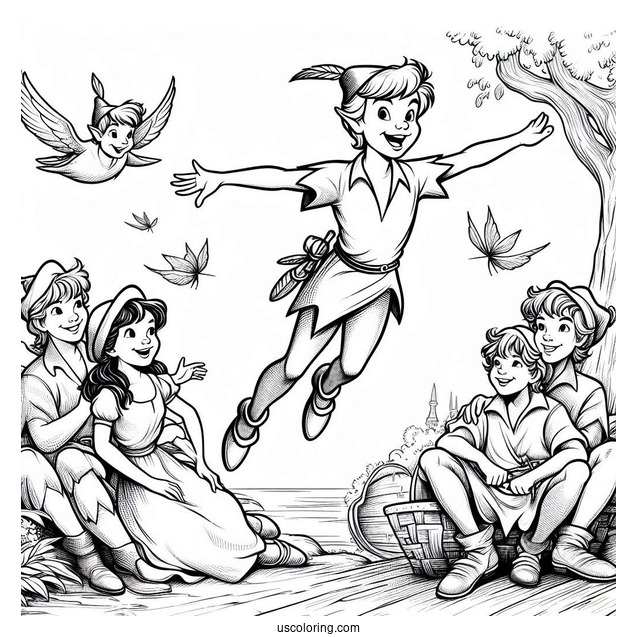 Peter Pan Teaching Wendy, John, And Michael To Fly