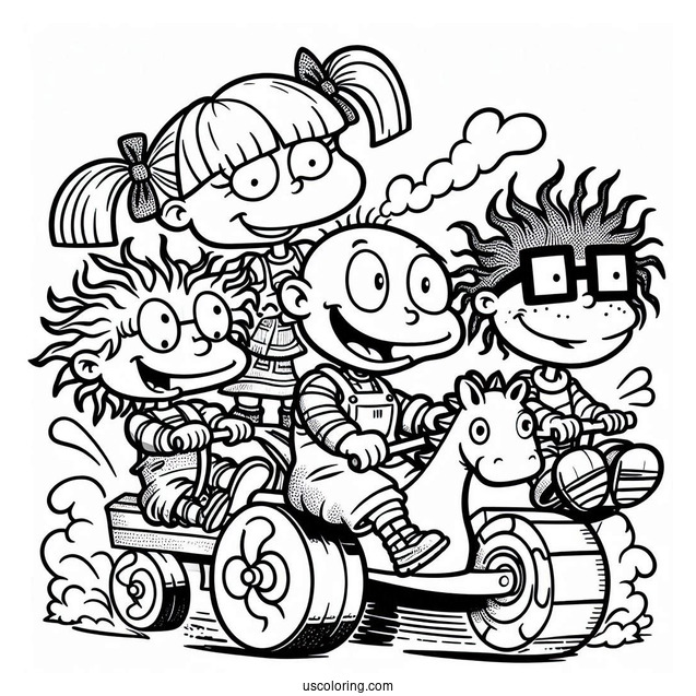 Nickelodeon Coloring Page Of Rugrats Chuckie, Angelica, Lillian And Tommy Riding Machine