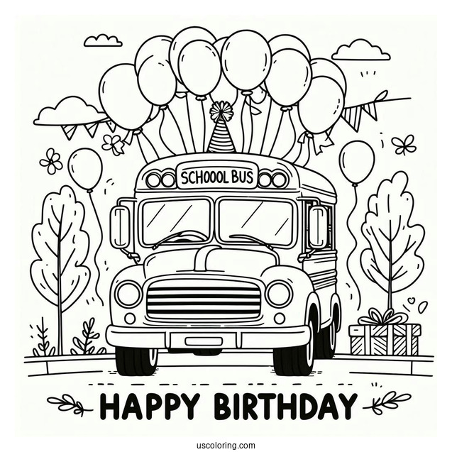 Happy Birthday School Bus Coloring Page With Balloons