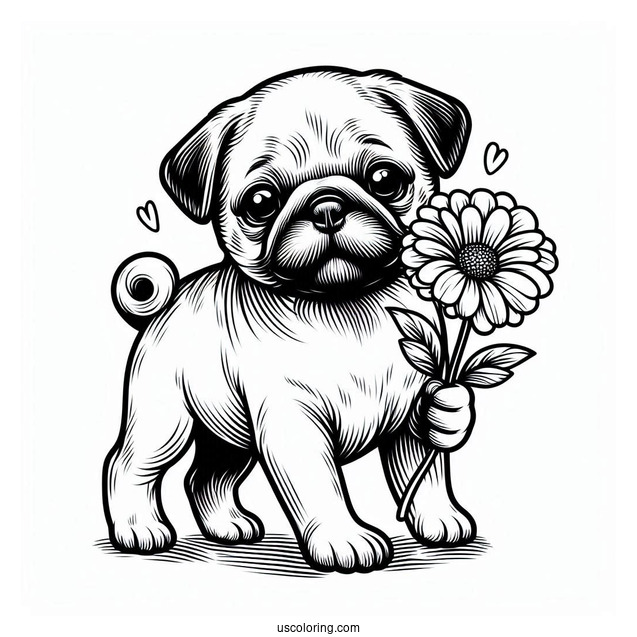 Pug Puppy Holding Flower In Mouth To Color