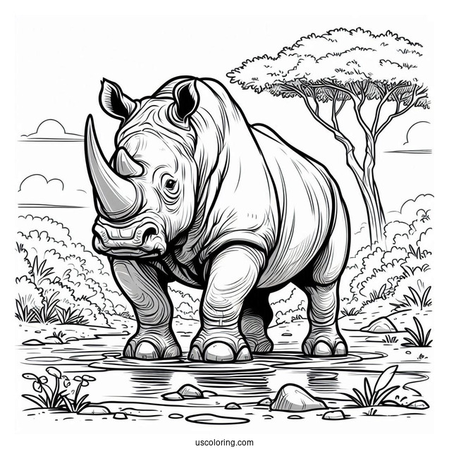 Angry Looking Rhino Next To Watering Hole