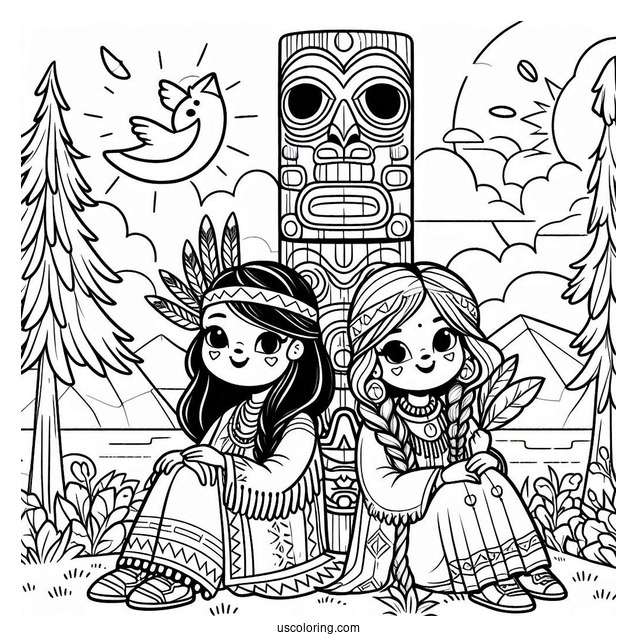 Cartoon Native American Coloring Page Women Beside Totem Pole