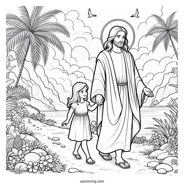 Jesus Coloring Page Walking With A Little Girl In Paradise