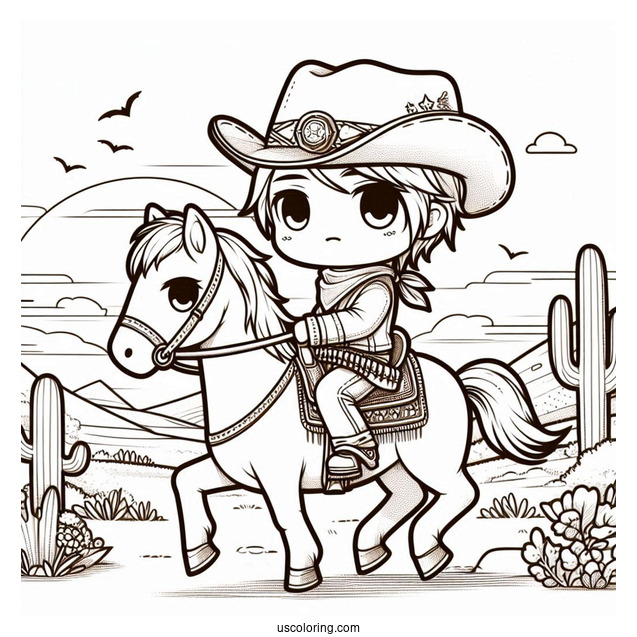 Chibi Coloring Page Cowboy on Horseback