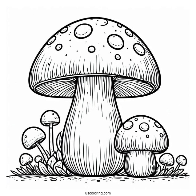 Big And Small Cartoon Mushroom Coloring Page In The Garden For Kids