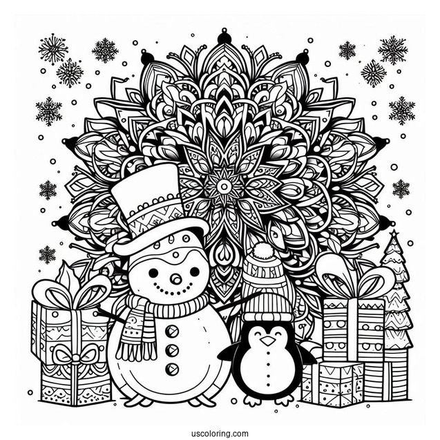Snowman, Penguin, And Presents In Front Of Christmas Mandala Coloring Page