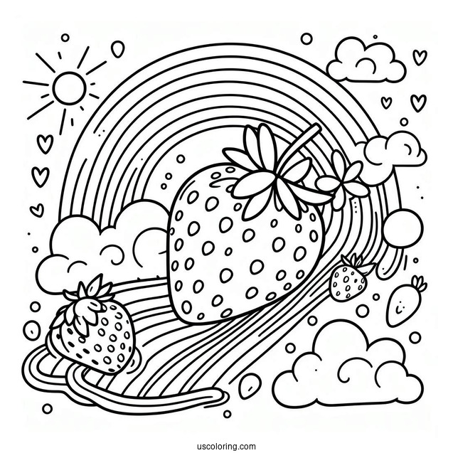 Strawberry Coloring Page On A Cloud Sliding Down A Rainbow